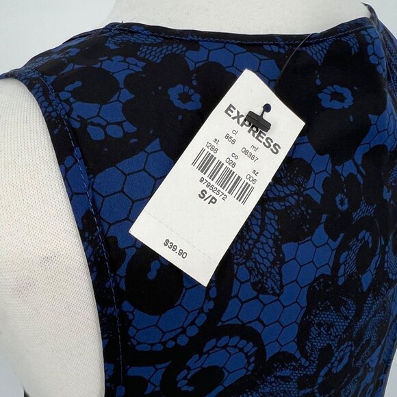 Express Blue Floral Sleeveless Split Back Casual Blouse Black Size Small NWT - Picture 7 of 8